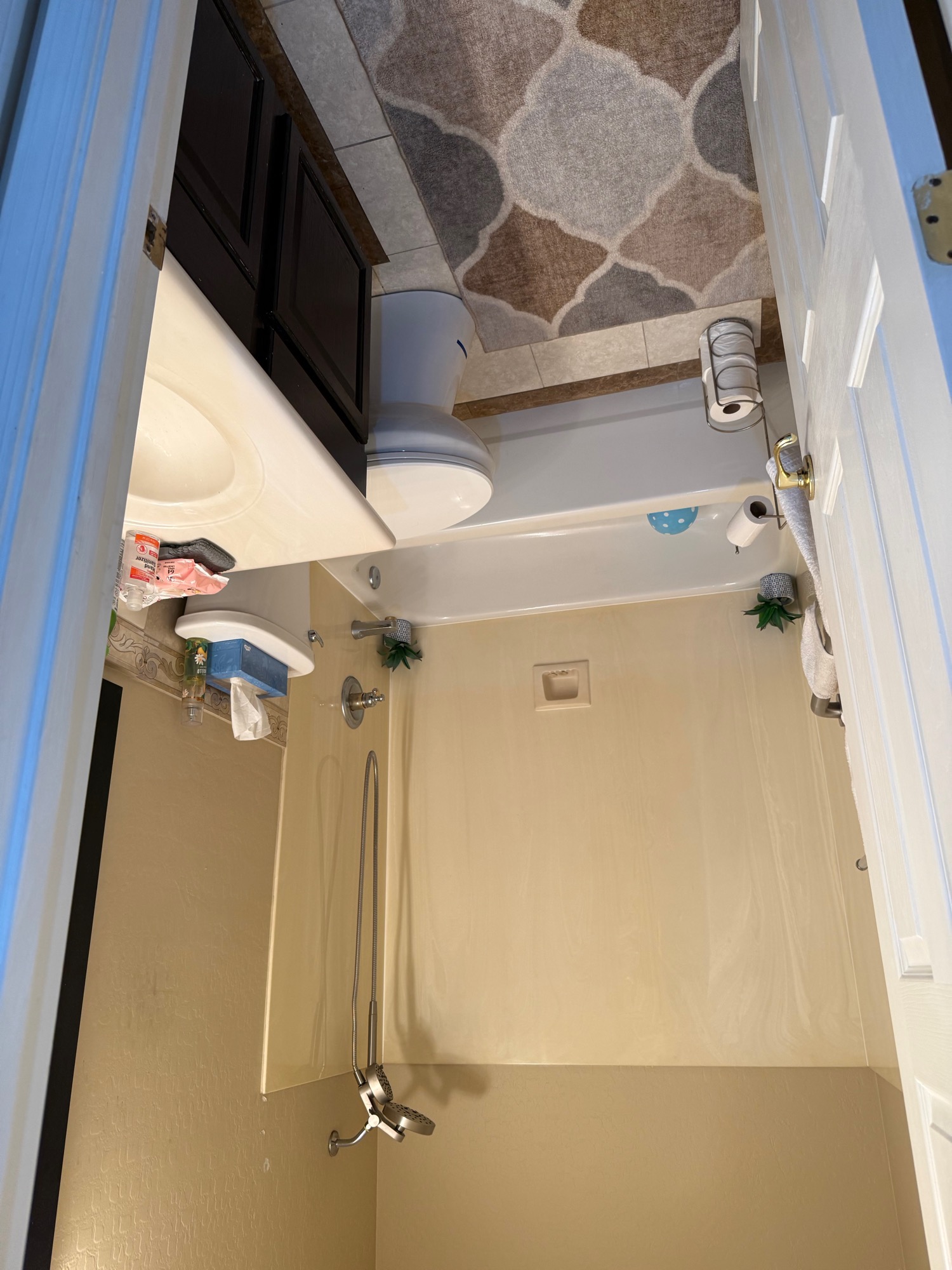 Before — dated tub shower combo bathroom