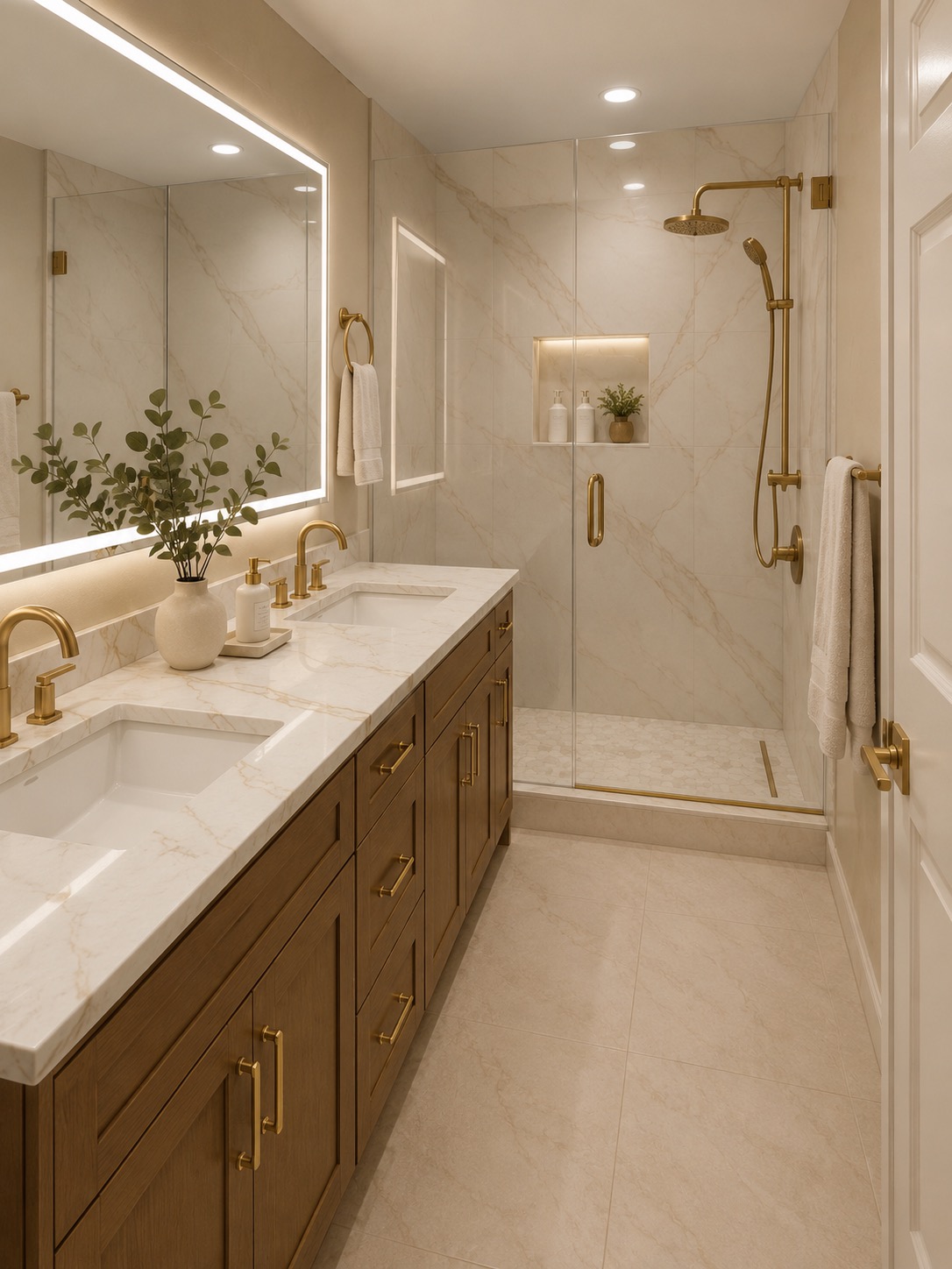 Double vanity bathroom with gold fixtures and glass shower