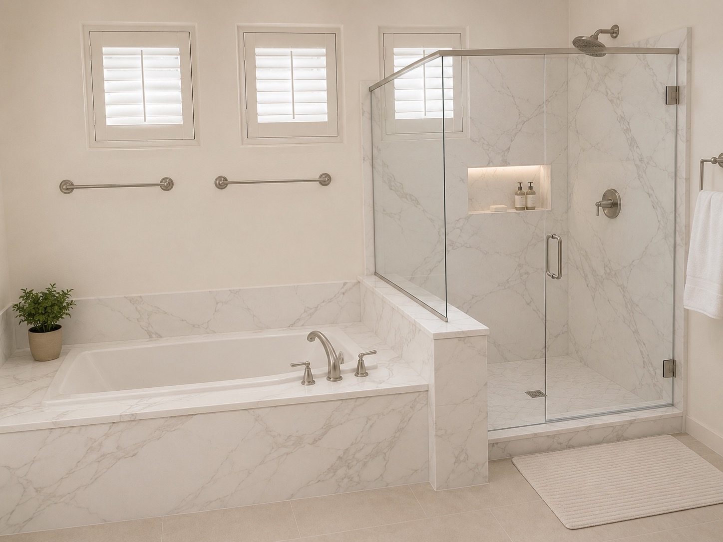 Luxury marble bathroom with soaking tub and frameless shower